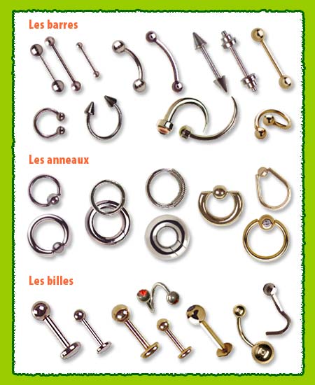 Les bijoux - barres, anneaux et billes